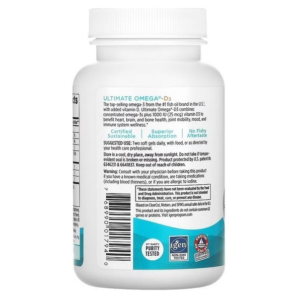 Омега-3 и витамин D3, 1280 мг и 25 мкг (1000 МЕ), вкус лимона, Ultimate Omega-3D, Nordic Naturals, 60 гелевых капсул,  Nordic Naturals фото