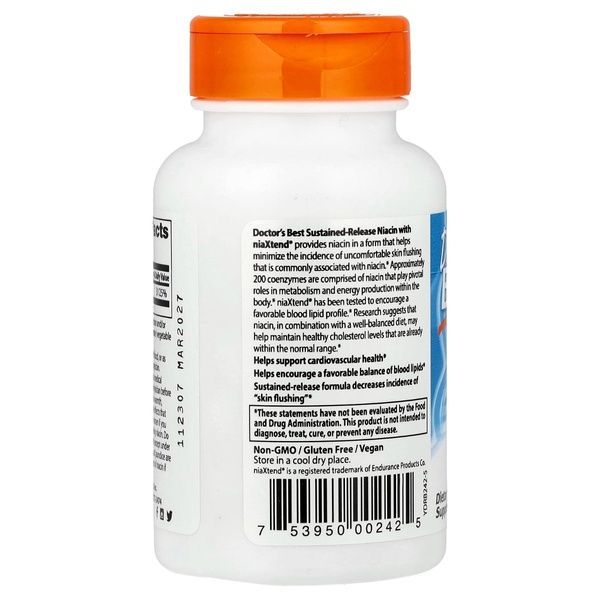 Ниацин, Витамин В3, 500 мг, Sustained-Release Niacin with niaXtend, Doctor's Best, 120 таблеток,  Doctor's Best фото