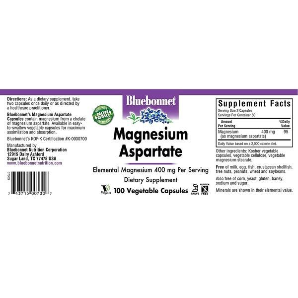 Аспартат Магнію 400 мг, Magnesium Aspartate, Bluebonnet Nutrition, 100 вегетаріанських капсул,  Bluebonnet Nutrition фото