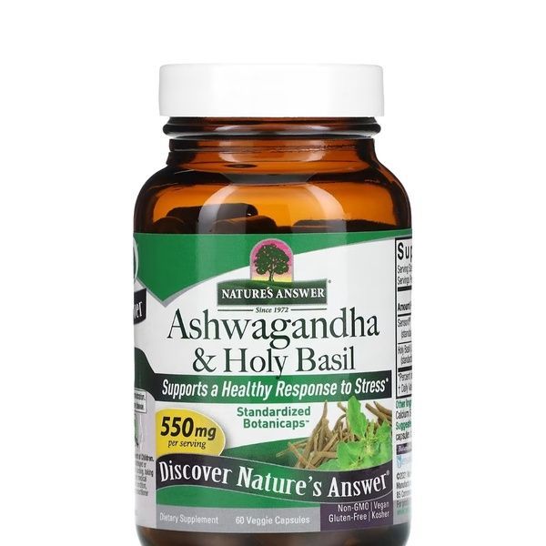 Ашваганда та базилік священний, 550 мг, Ashwagandha & Holy Basil, Nature's Answer, 60 вегетаріанських капсул,  Nature's Answer фото