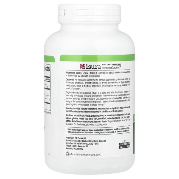 Солодка (Лакрица), деглицирризиновый экстракт корня, DGL, Deglycyrrhizinated Licorice Root Extract, Natural Factors, 180 жевательных таблеток,  Natural Factors фото