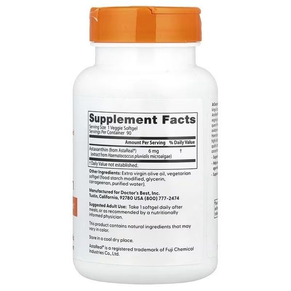Астаксантин, 6 мг, Astaxanthin, Doctor's Best, 90 вегетарианских капсул,  Doctor's Best фото