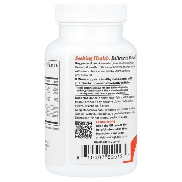 B-Комплекс без фолиевой кислоты и B12, B-Minus, Seeking Health, 100 вегетарианских капсул,  Seeking Health фото
