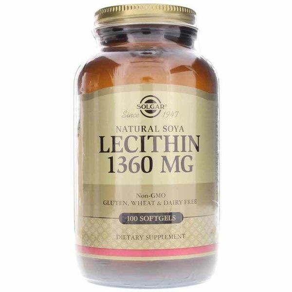Лецитин невибілений 1360 мг, Natural Soya Lecithin, Solgar, 100 желатинових капсул,  Solgar фото
