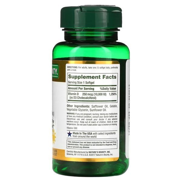 Вітамін D3 швидкого вивільнення, 10000 МО, 250 мкг, Vitamin D, Nature's Bounty, 72 гелевих капсул,  Nature's Bounty фото