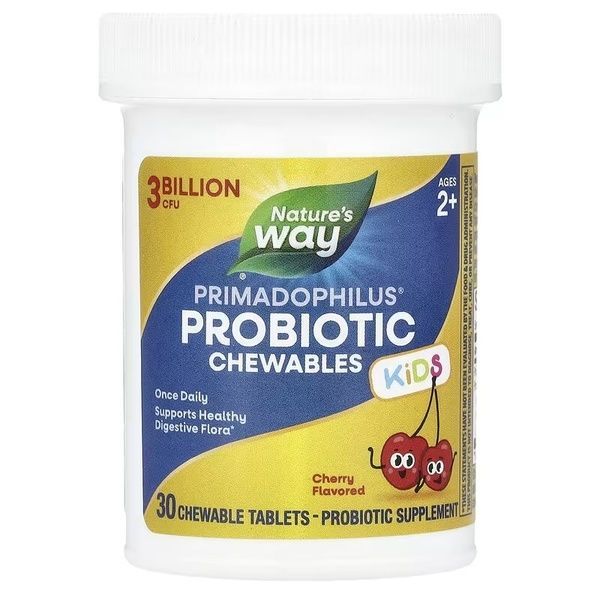 Пробіотики для дітей від 2 років, 3 млрд КУО, смак вишні, Primadophilus Kids Probiotic, Nature's Way, 30 жувальних таблеток,  Nature's Way фото