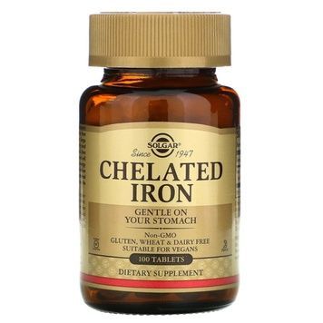 УЦІНКА Хелатне залізо, Бісгліцинат заліза, 25 мг, Chelated Iron, Solgar, 100 таблеток (без плівки),  Solgar фото