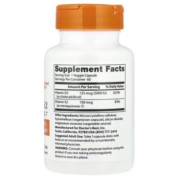 Вітамін D3 та K2, Vitamin D3 + K2, MK-7, Doctor's Best, 60 вегетаріанських капсул,  Doctor's Best фото