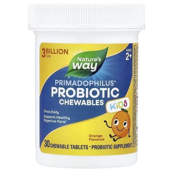 Пробіотики для дітей від 2 років, 3 млрд КУО, смак апельсину, Primadophilus Kids Probiotic, Nature's Way, 30 жувальних таблеток,  Nature's Way фото