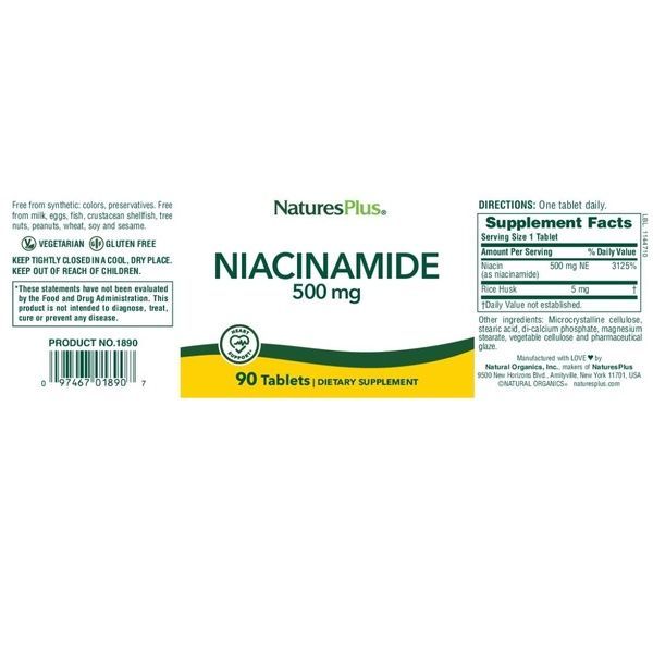 Ниацинамид (В3), Niacinamide, 500 мг, Natures Plus, 90 таблеток,  Natures Plus фото