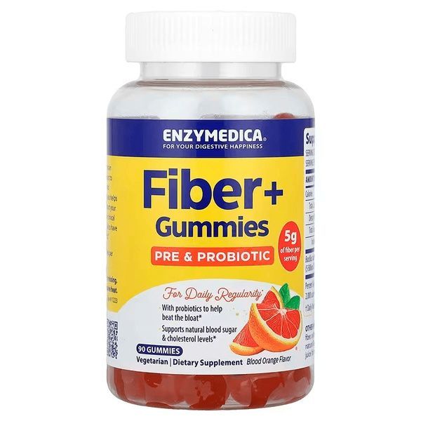 Клітковина +, з пребіотиками та пробіотиками, смак червоного апельсину, Fiber +, Enzymedica, 60 жувальних цукерок,  Enzymedica фото