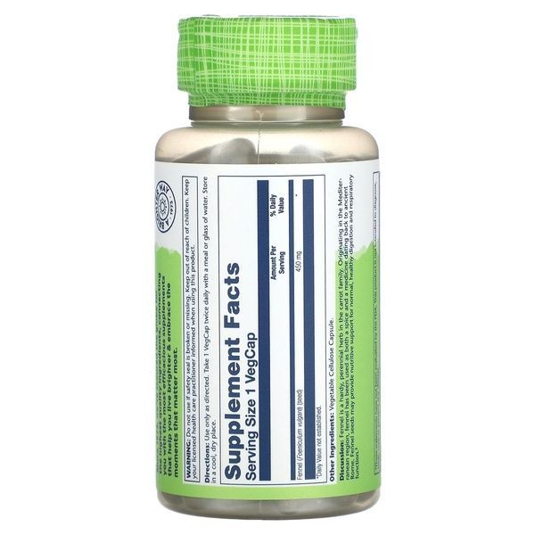 Фенхель, 450 мг, Fennel, Solaray, 100 вегетаріанських капсул,  Solaray фото