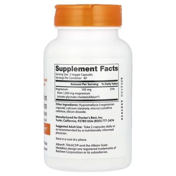 Магний с высокой степенью усвоения, 105 мг, High Absorption Magnesium, Doctor's Best, 120 вегетарианских капсул,  Doctor's Best фото