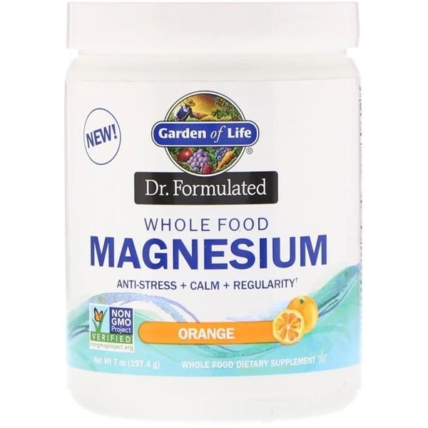 Магниевый порошок, шипучий напиток со вкусом апельсина, Whole Food Magnesium Powder, Dr. Formulated, Garden of Life, 7 унций (197,4 г),  Garden of Life фото