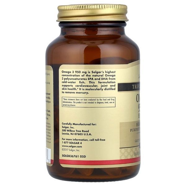 Омега-3, ЕПК і ДГК, Triple Strength, 950 мг, Solgar, 50 желатинових капсул,  Solgar фото