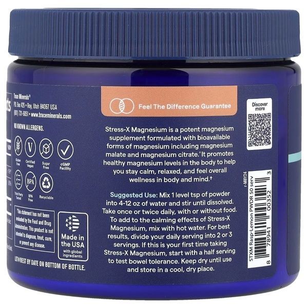 Магний, вкус малина-лимон, 350 мг, Stress-X, Magnesium Powder, Trace, 240 гр,  Trace фото