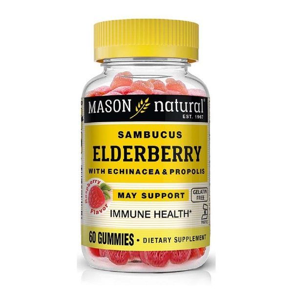 Бузина з ехінацеєю та прополісом, смак малини, Elderberry With Echinacea & Propolis, Mason Natural, 60 жувальних цукерок,  Mason Natural фото