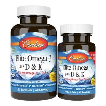Омега-3 з Вітамінами D та K, 700 мг, Смак Лимону, Elite Omega-3 + D&K, Carlson, 60+30 гелевих капсул,  Carlson фото