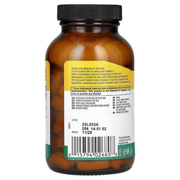 Магний Хелатный глицинат, 400 мг, Chelated Magnesium Glycinate, Country Life, 90 таблеток (133 мг в таблетке),  Country Life фото