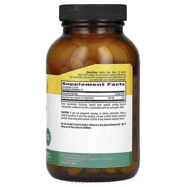 Магний Хелатный глицинат, 400 мг, Chelated Magnesium Glycinate, Country Life, 90 таблеток (133 мг в таблетке),  Country Life фото