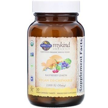 Витамин D3, 2000 МЕ, малиново-лимонный вкус, MyKind Organics, Garden of Life, 30 жевательных веганских таблеток,  Garden of Life фото