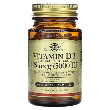 Витамин D3, Cholecalciferol, 5000 IU, 125 мкг, Solgar, 60 вегетарианских капсул,  Solgar фото