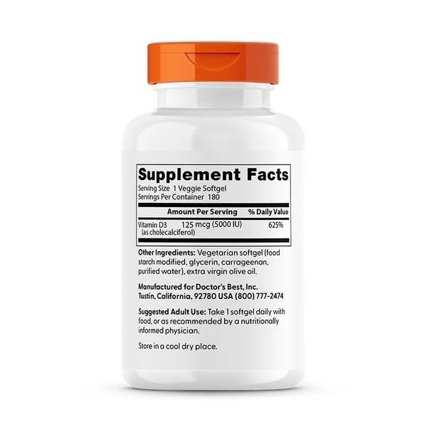 Витамин D3, 5000 МЕ, Vitamin D3, Doctor's Best, 180 вегетарианских капсул,  Doctor's Best фото