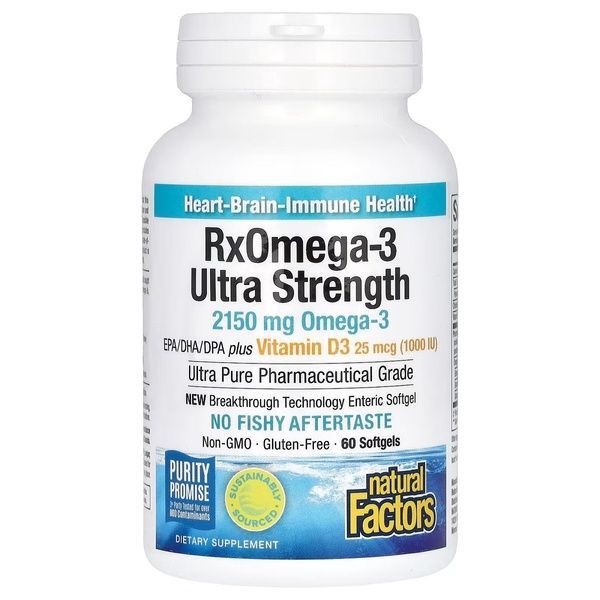 Омега-3 ультра и витамин D3, 2150 мг, RxOmega-3 Ultra Strength with Vitamin D3, Natural Factors, 60 гелевых капсул,  Natural Factors фото