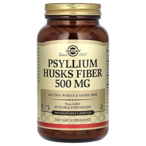 Подорожник (Псилиум), 500 мг, Psyllium Husks Fiber, Solgar, 200 вегетарианских капсул,  Solgar фото