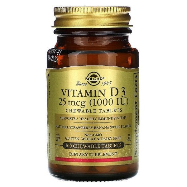 УЦІНКА Вітамін D3, полунично-банановий смак, Холекальциферол, Vitamin D3, Cholecalciferol, 25 мкг, 1000 МО, Solgar, 100 жувальних таблеток (пошкодження зовнішньої плівки),  Solgar фото