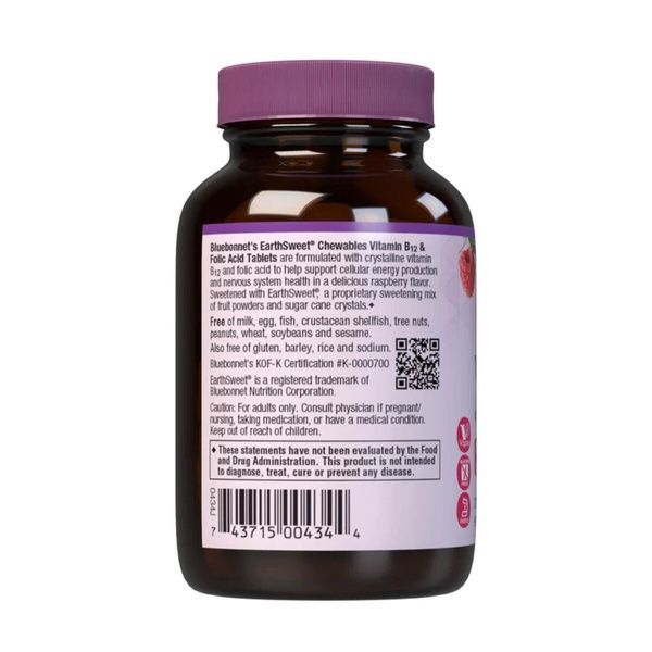 Витамин В12 и Фолиевая кислота, Вкус Малины, Earth Sweet Chewables, Bluebonnet Nutrition, 90 жевательных таблеток,  Bluebonnet Nutrition фото