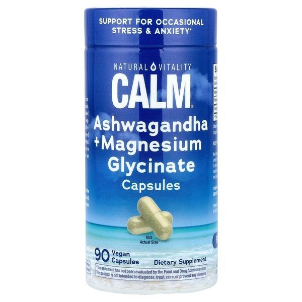 Ашваганда и магний глицинат, MAXCALM Ashwagandha + Magnesium Glycinate, Natural Vitality, 90 веганских капсул,  Natural Vitality фото