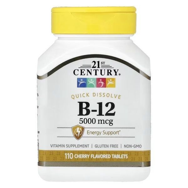 Витамин B12, 5000 мкг, вкус вишни, Vitamin B-12, 21st Century, 110 таблеток,  21st Century фото