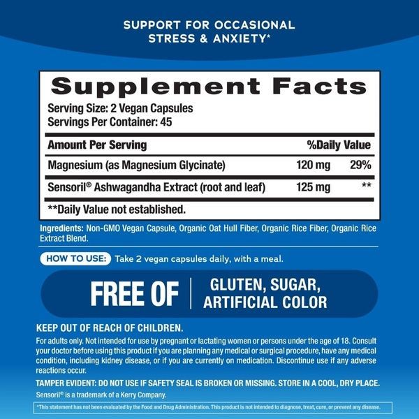 Ашваганда и магний глицинат, MAXCALM Ashwagandha + Magnesium Glycinate, Natural Vitality, 90 веганских капсул,  Natural Vitality фото