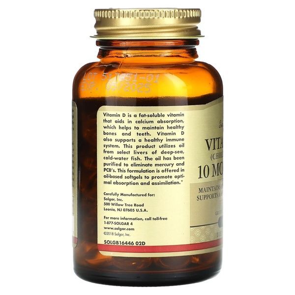 Витамин D3, 10 мкг (400 МЕ), Vitamin D3 (Cholecalciferol), Solgar, 100 гелевых капсул,  Solgar фото