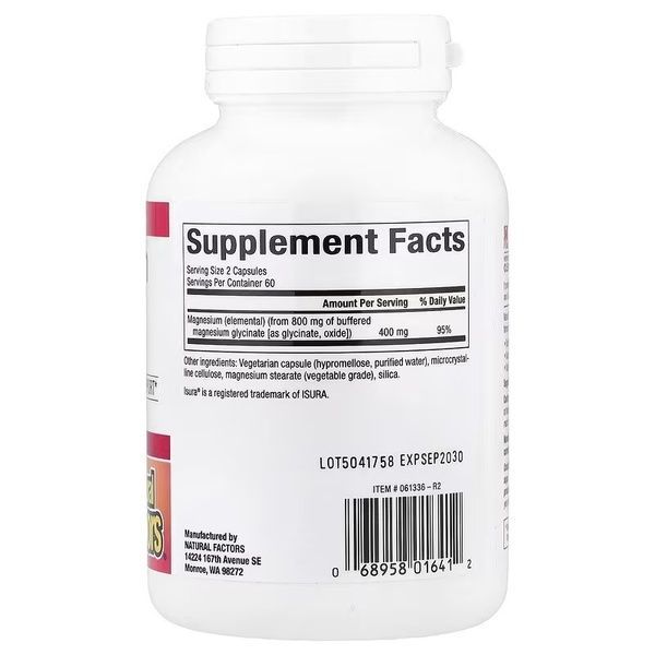 Магній гліцинат, 400 мг, Magnesium glycinate, Natural Factors, 120 вегетаріанських капсул,  Natural Factors фото