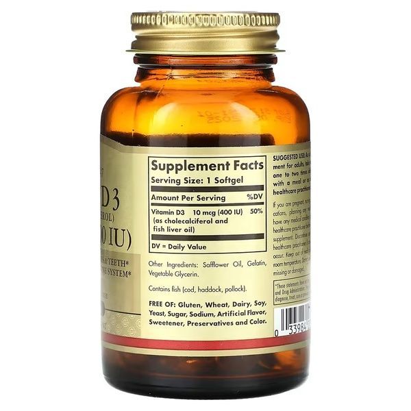 Витамин D3, 10 мкг (400 МЕ), Vitamin D3 (Cholecalciferol), Solgar, 100 гелевых капсул,  Solgar фото