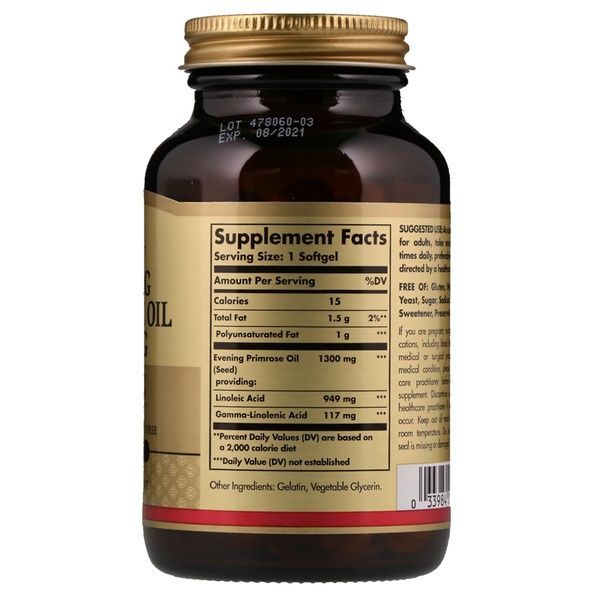 Масло Примулы Вечерней 1300 мг, Evening Primrose Oil, Solgar, 60 желатиновых капсул,  Solgar фото