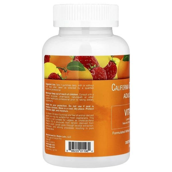 Витамин D3, 2000 МЕ, ягодно-фруктовый вкус, California Gold Nutrition, 90 жевательных конфет,  California Gold Nutrition фото