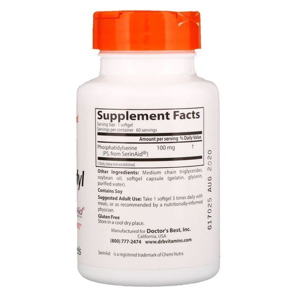 Фосфатидилсерин, Phosphatidylserine with SerinAid, Doctor's Best, 100 мг, 60 желатиновых капсул,  Doctor's Best фото