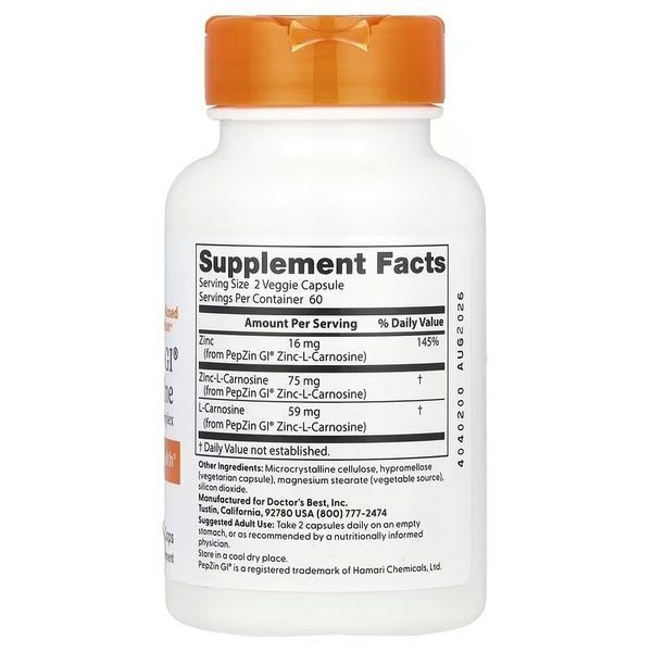 Цинк Карнозін Комплекс, PepZin, Doctor's Best, 120 вегетаріанських капсул,  Doctor's Best фото