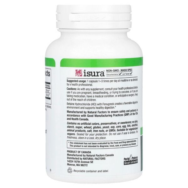 Бетаин гидрохлорид и пажитник, 500 мг, Betaine Hydrochloride with Fenugreek, Natural Factors, 90 вегетарианских капсул,  Natural Factors фото
