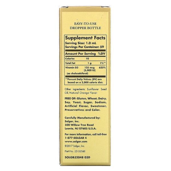 Витамин D3, 5000 МЕ, вкус апельсина, Liquid Vitamin D3, Solgar, 59 мл,  Solgar фото