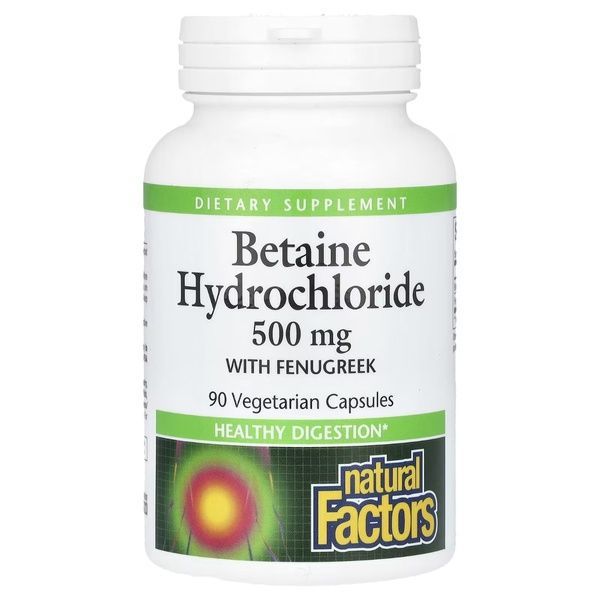 Бетаин гидрохлорид и пажитник, 500 мг, Betaine Hydrochloride with Fenugreek, Natural Factors, 90 вегетарианских капсул,  Natural Factors фото
