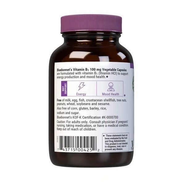 Витамин B1 100 мг, Vitamin B1, Bluebonnet Nutrition, 100 вегетарианских капсул,  Bluebonnet Nutrition фото
