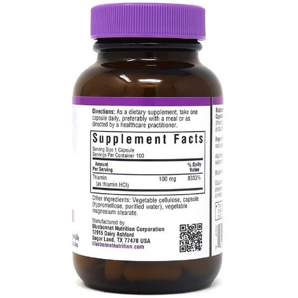 Витамин B1 100 мг, Vitamin B1, Bluebonnet Nutrition, 100 вегетарианских капсул,  Bluebonnet Nutrition фото