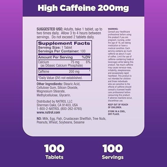 Кофеїн високоефективний, 200 мг, High Caffeine, Natrol, 100 таблеток,  Natrol фото