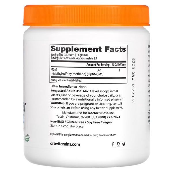 МСМ в порошку, Метилсульфонілметан, MSM Powder with OptiMSM, Doctor's Best, 250 гр,  Doctor's Best фото