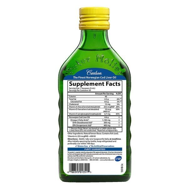 Жир Печінки Дикої Норвезької Тріски, Смак Лимону, Cod Liver Oil, Carlson, 250 мл,  Carlson фото