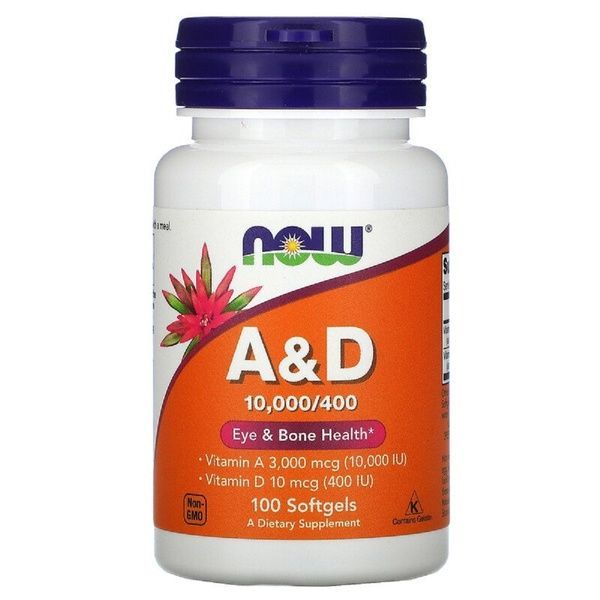 Витамин А и Д, A&D, Essential Nutrition, Now Foods, 10,000/400 МЕ, 100 желатиновых капсул,  Now Foods фото